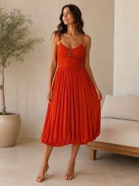 100%Silk BCBGMAXAZRIA Textured Dress Size 12 Coral Red Beaded Detail